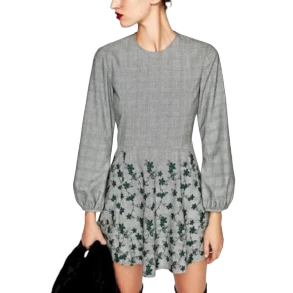 Zara Glenn Plaid Print Long Sleeve Floral Embroidered Skater Dress